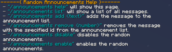 In-game screenshot of the Random Announcements help page